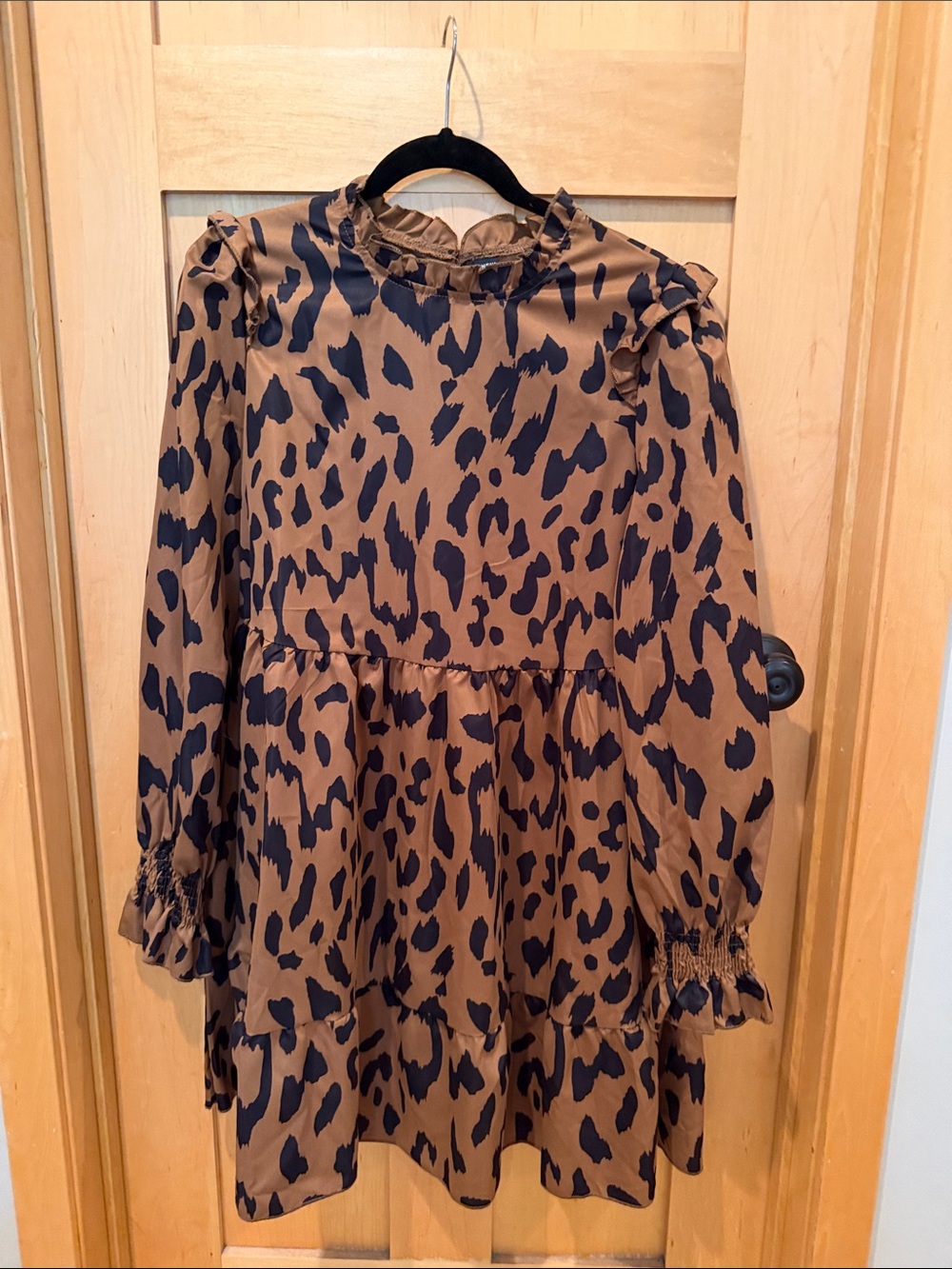 SHEIN Brown and Black Leopard Print Long Sleeve Ruffle Neck Dress